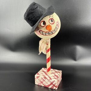 Primitive Rustic Christmas Snowman Head on Wooden Dowel Figure Folk Art Signed